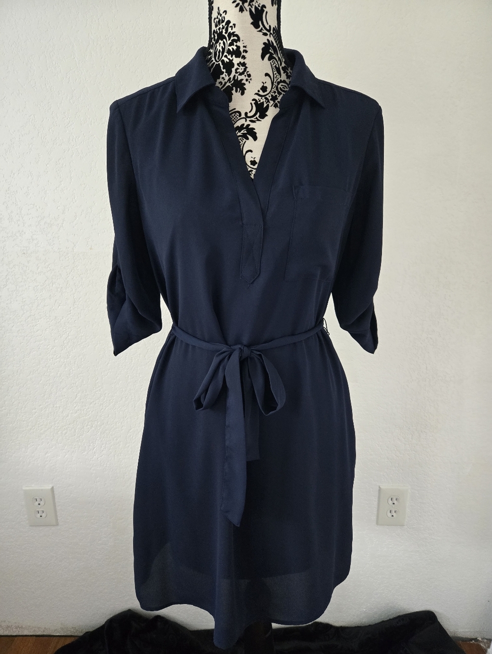 New York & Company Royal Blue Tie-Waist Midi Shirt Dress